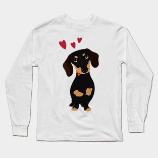 Cute Cartoon Dachshund with Three Red Hearts Long Sleeve T-Shirt